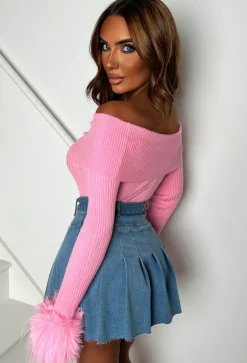 Midnight Muse Baby Pink Off The Shoulder Faux Fur Cuff Jumper