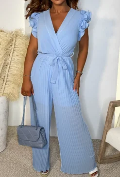 Nice To Meet You Baby Blue Pleated Ruffle Shoulder Jumpsuit