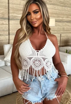 Ocean Waves White Crochet Tassel Halterneck Top