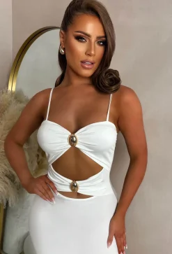 Peekaboo Perfection White Cut Out Buckle Maxi Dress