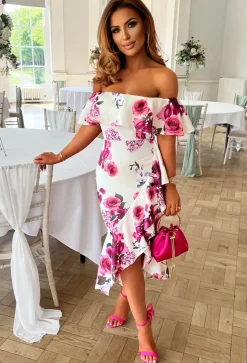 Perfect Love White Floral Bardot Midi Dress