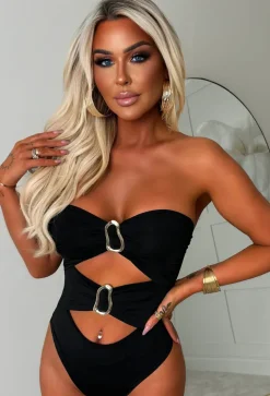 Playful Peekaboo Black Cut Out Gold Buckle Bodysuit