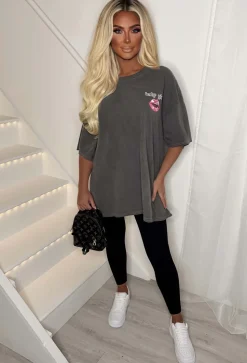 Pretty Gal Grey Washed Oversized Lips Graphic T-Shirt