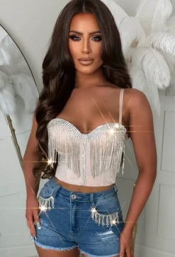 Reckless Romance Nude Diamond Tassel Bodice Crop Top