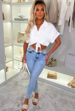 Replacing You White Knot Detail Cropped Shirt