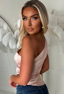 Romance Dreams Rose Gold Stretch Satin Ruched One Shoulder Top