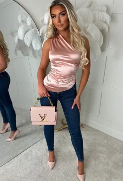 Romance Dreams Rose Gold Stretch Satin Ruched One Shoulder Top
