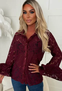 Romantic Energy Burgundy Lace Flared Sleeve Blouse