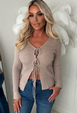 Rylee Beige Ultra Soft Tie Up Rib Knit Cardigan