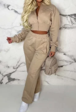 San Fran Dreaming Beige Embroided Cropped Baseball Collar Two Piece Loungewear Set