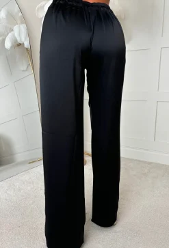 Satin Days Black Satin Elasticated Wide Leg Trousers