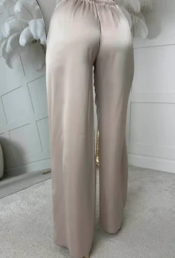Satin Days Champagne Satin Elasticated Wide Leg Trousers