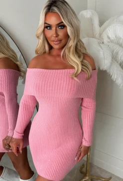 So Cosy Baby Pink Bardot Ultra Soft Mini Knitted Dress