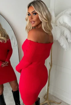 So Cosy Red Bardot Ultra Soft Knitted Dress