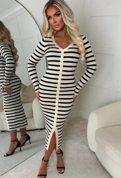 Sugar Rush Beige Striped Knitted Midi Dress
