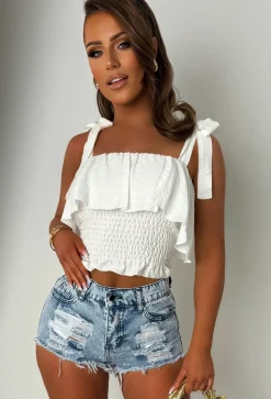 Sunkissed Seduction White Shirred Tie Shoulder Top