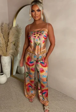 Sunkissed Sizzle Taupe Satin Top And Trouser Co-Ord