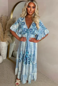 Sunset Seduction Blue Embroidered Tie Dye Maxi Dress