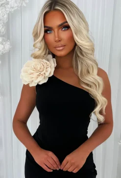 Sweetheart Shine Black One Shoulder Contrast Corsage Midi Dress