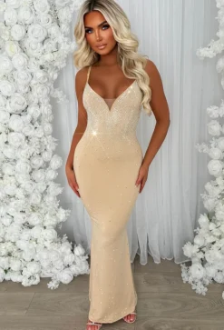 Take Me Away Nude Hotfix Strappy Plunge Dress