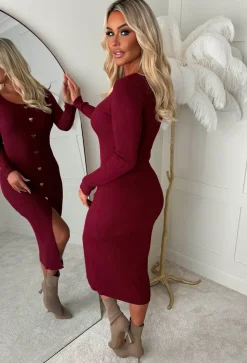 Take My Heart Burgundy Gold Heart Button Long Sleeve Knitted Midi Dress