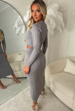 Tell Me Everything Grey Ultra Soft Cable Jumper And Skirt Co-Ord Set