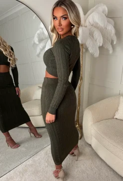 Tell Me Everything Khaki Ultra Soft Cable Jumper And Skirt Co-Ord Set