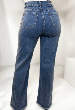 Tied Together Mid Blue Lace Up Stretch Straight Leg Jeans
