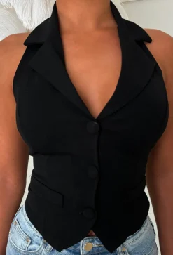 Totally Clueless Black Tailored Halter Neck Top