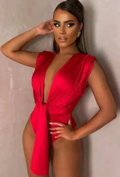 Twist of Faith Red Stretch Sleeveless Plunge Bodysuit