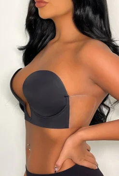 Ultimate Push Up Deep Plunge Black Backless Stick On Side Panel Bra