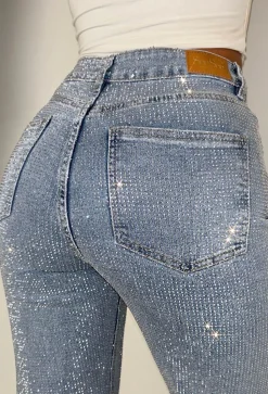 Ultimate Sparkle Mid Blue Straight Leg Stretch Diamante Jeans