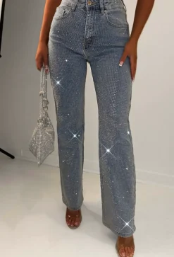 Ultimate Sparkle Mid Blue Straight Leg Stretch Diamante Jeans