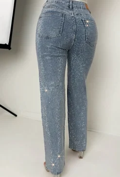Ultimate Sparkle Mid Blue Straight Leg Stretch Diamante Jeans