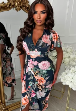 Venus Vibes Multi Floral Animal Print Ruched Midi Dress