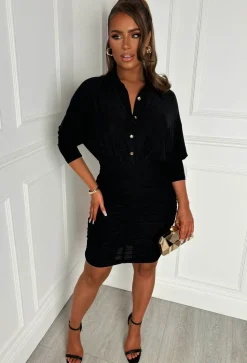Victory Black Ruched Side Lurex Long Sleeve Shirt Dress