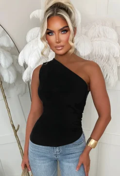 Want Her Black Bengaline One Shoulder Zip Up Top