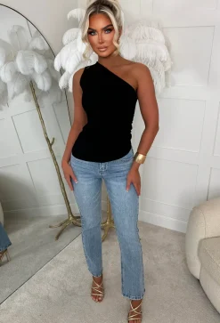 Want Her Black Bengaline One Shoulder Zip Up Top