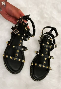 What A Stud Black Gold Studded Gladiator Sandals
