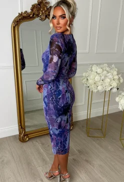 Wild & Demure Purple Mesh Long Sleeve Printed Midi Dress