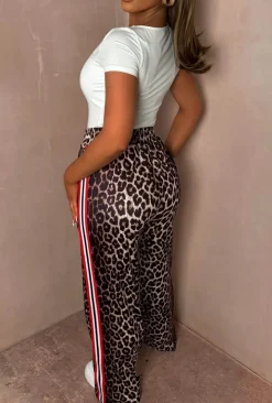 Wildest Days Leopard Print Side Stripe Wide Leg Trousers
