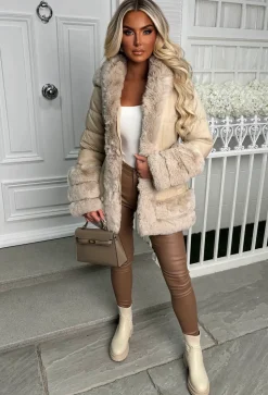 Wrapped In Magic Stone Faux Fur Trimmed Belted Puffer Coat