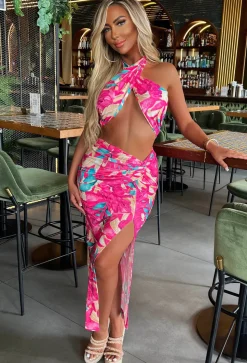 Your Paradise Pink Tropical Halterneck Bandeau Midi Skirt Co-Ord Set